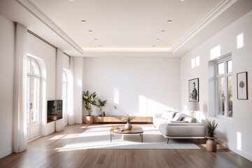 Fototapeta premium Bright minimalist living room with white walls, large windows casting sunlight. Sofa, coffee table, TV, and plants furnish the spacious, airy interior.
