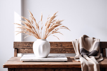 White vase with dry plants on a wooden bench and blanket against a white wall. Minimalist and natural home decor in a simple, elegant interior setting.