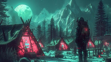 Fototapeta premium A figure surveys the night landscape featuring glowing futuristic campsites