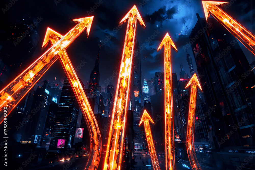 Aufkleber Dynamic orange arrows rise vertically in a dark futuristic cityscape under a night sky. These illuminated arrows signify growth and progress in a modern urban environment.