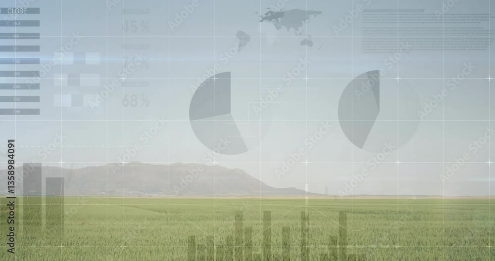 Poster graphs and charts animation over green field with mountain in background