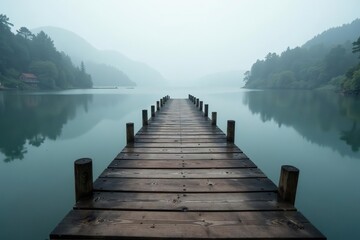 Fototapeta premium Weathered pier stretching into misty lake, rustic grace and serene landscapes captured, weathered, rustic