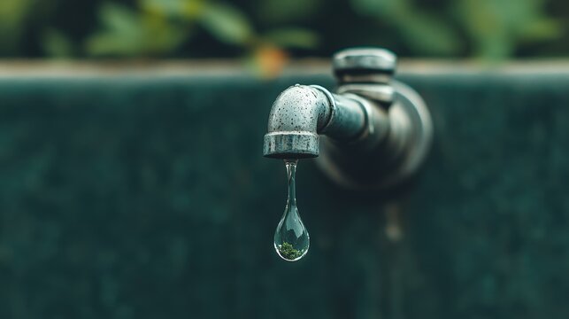 Macro view of shiny metal tap with water droplet ready to fall in a garden setting. Water Saving Week