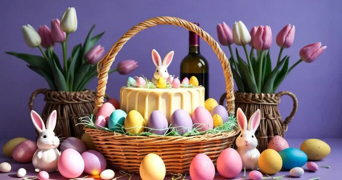 Basket containing Easter eggs, a cake, a bottle of wine, and tulip flowers in the background.
