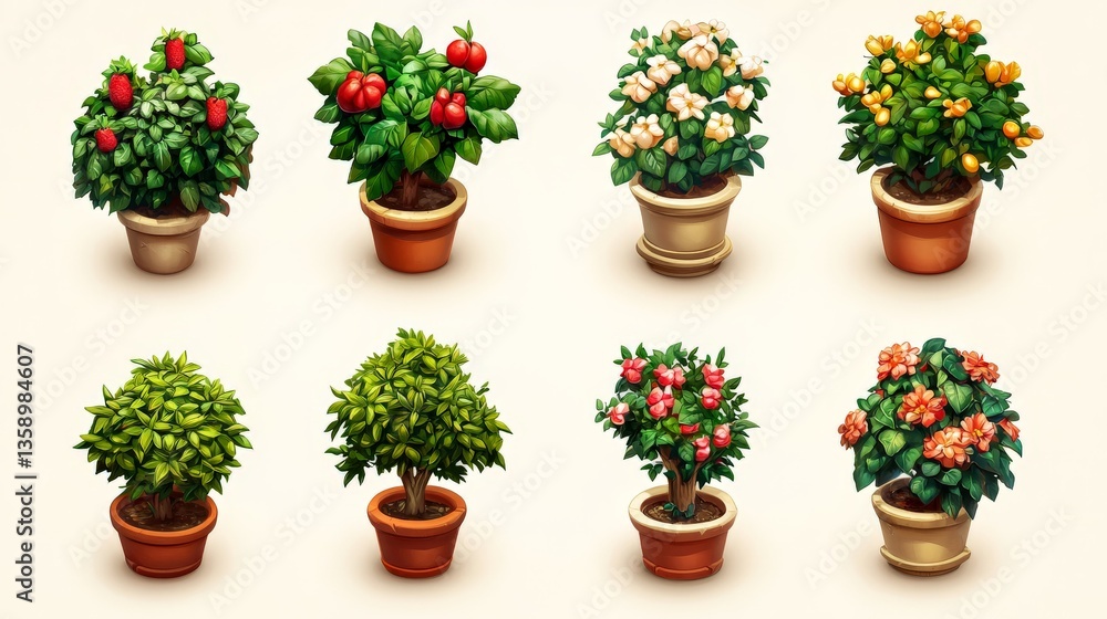 Poster group of potted succulents and cacti arranged in terra cotta and colored containers representing ind