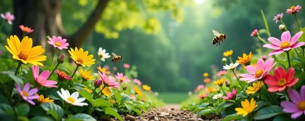 Whimsical enchanted garden with blooming flowers and buzzing bees, enchanted,  blooming