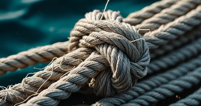 Close-up view of a frayed section of rope. The fibers of the rope are distinctly separated and untwisted, revealing the separate strands. The background indicates a water setting.