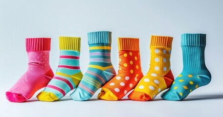 Colorful socks in a row on a light background