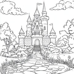 Enchanted Castle: A detailed illustration of a majestic castle, a timeless emblem of fantasy, set amidst a whimsical landscape, inviting viewers into a world of imagination and wonder.