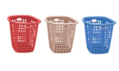 Blank laundry basket vector set in cartoon style. Plastic basket for laundry clipart. Laundry equipment. Vector illustration in flat design.
