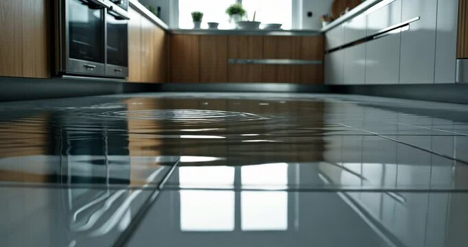 Close-up of water that has spilled on the kitchen floor.