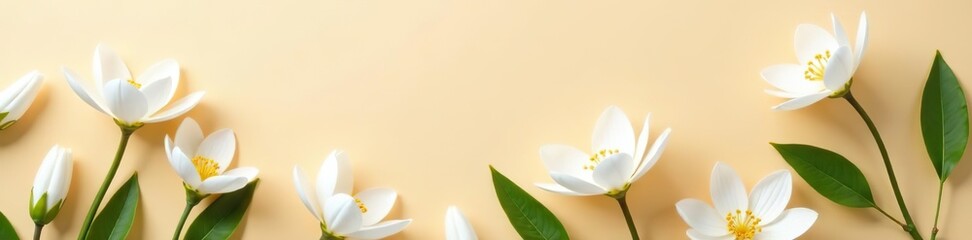 White flowers arranged on beige background with copy space, soft natural light, warm atmosphere,  blossom, stock photo