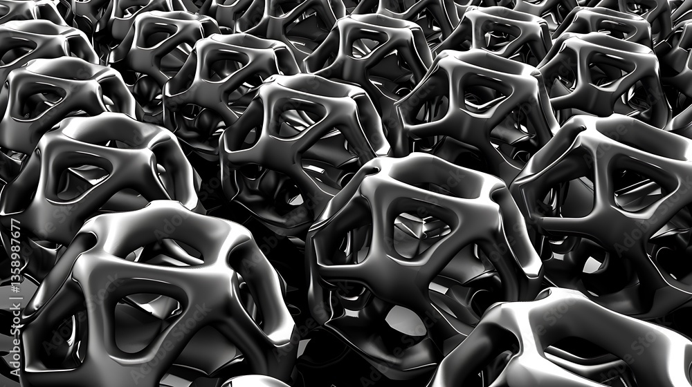 Poster a collection of shiny dark metal structures in a close up image