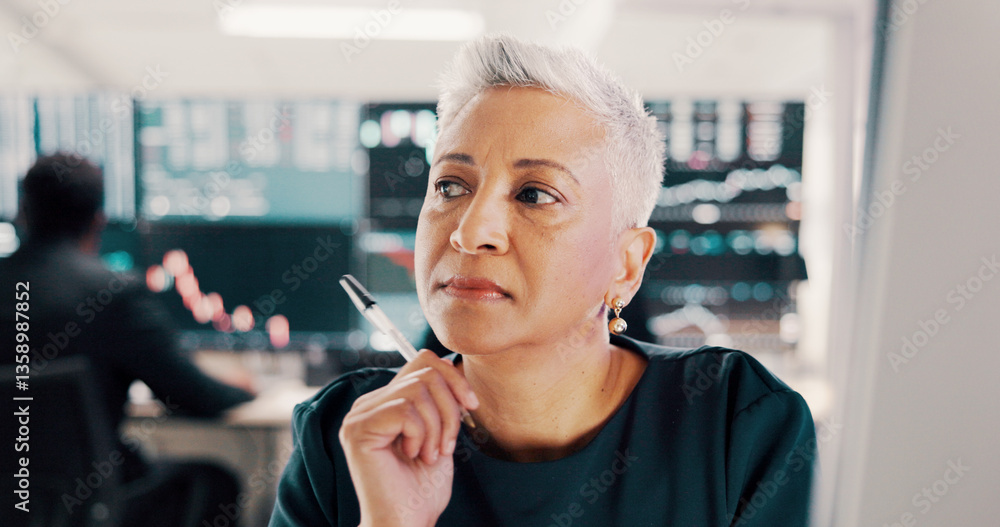 Poster thinking, woman and computer for trading in office, stock market decision and solution of financial 