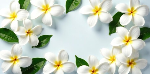 Fototapeta premium White frangipani flowers arranged in a flat lay postcard style, showcasing the beauty of Asia's local flora, nature, petals