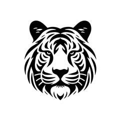 Fototapeta premium Fierce Tribal Tiger Head Logo Vector, Wild Animal Face Illustration, Black and White Ink Tattoo Design, Majestic Jungle Predator, Powerful Big Cat Emblem, Wildlife Art, Mascot Symbol, Graphic Icon