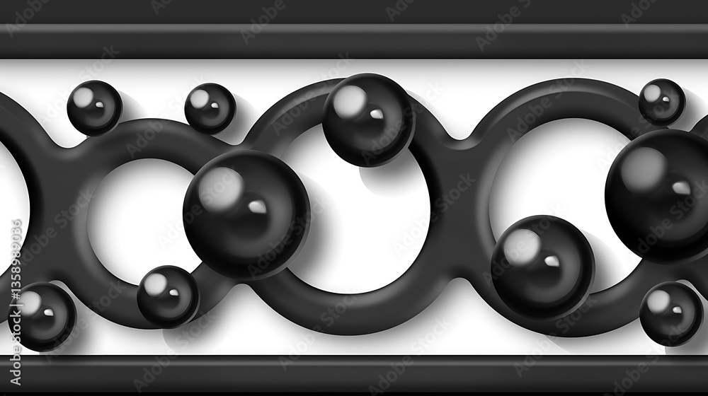 Poster black spheres and connected loops floating on a white background
