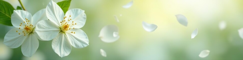 White jasmine flower gracefully falling through the air, petals swirling gently in a soft breeze,  gentle,  falling