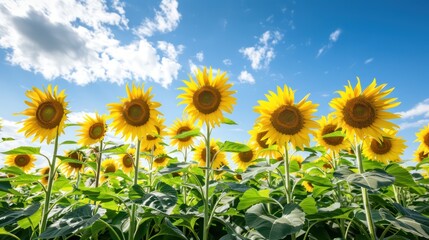 A vibrant field of sunflowers in full bloom under a bright blue sky, with rows of tall stalks and golden petals swaying gently in the summer breeze, capturing the essence of summer in the countryside.