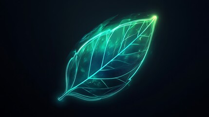 Glowing neon leaf icon in green with luminous aura on dark background

