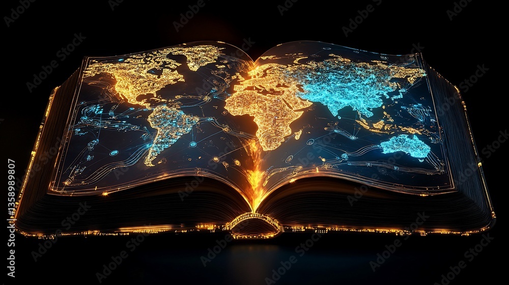 Aufkleber open book with a glowing map of the world showing interconnected routes and patterns
