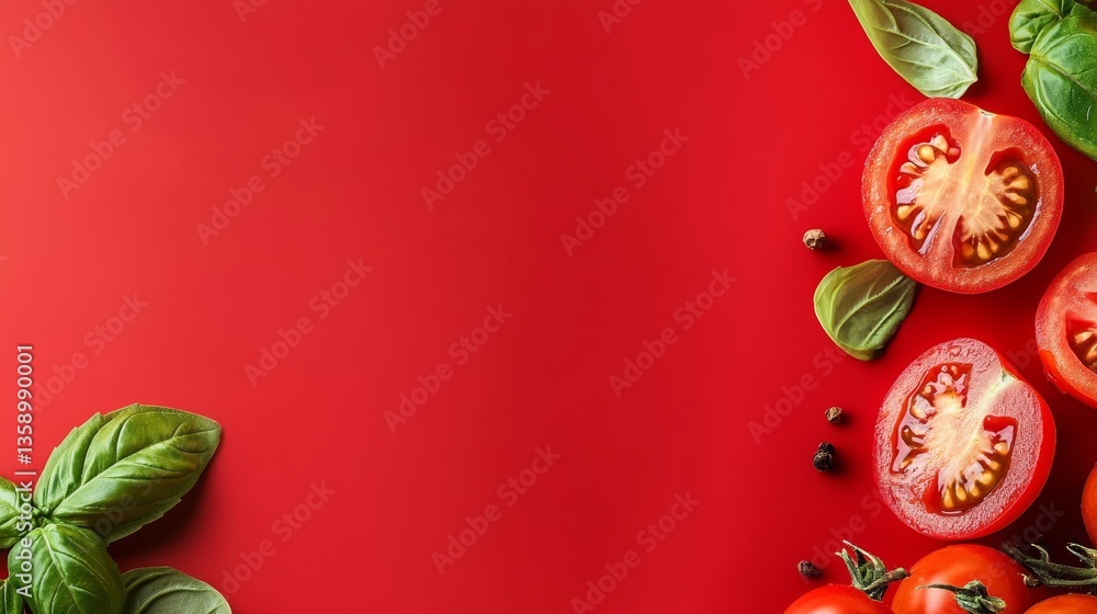 Aufkleber red background with a tomato and basil on it