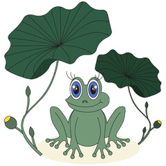 Whimsical Frog under the burdock leaf isolated transparent background. Simple flat Frog vector illustration template design. Smile toad. Frog can used t-shirt print clothes textile decor. EPS 10