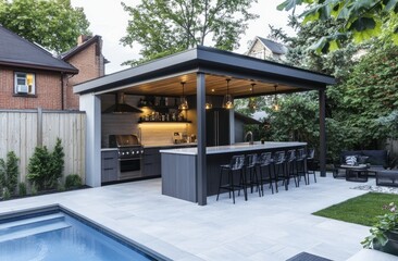 Modern outdoor kitchen and bar area, perfect for entertaining, overlooking a pool