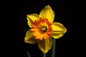 A single vibrant Narcissus flower with golden yellow petals and a rich orange trumpet, set against a deep black background. Soft lighting enhances the delicate textures of the petals. 