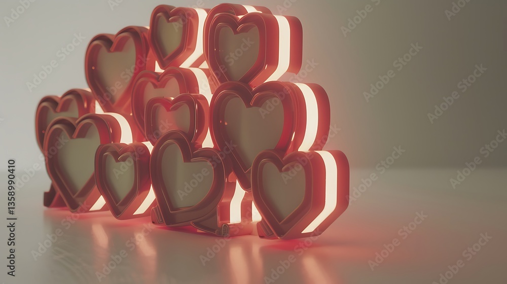 Wall mural illuminated red hearts creating a layered display of affection