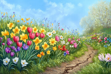 Obraz premium Spring meadow with colorful flowers and winding path under blue sky.