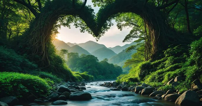 A heart-shaped gap in the thick canopy of trees. The flowing river towards the cliff. The sun illuminates the mountains. The idea of love for nature and enthusiasm for travel.