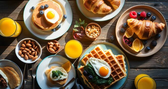 Breakfast or brunch setting on a dark wooden surface. Overhead perspective. Variety of sweet and savory food selections.