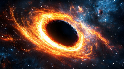 Fototapeta premium A mesmerizing cosmic scene depicting a swirling black hole surrounded by fiery orange and red gas clouds in deep space
