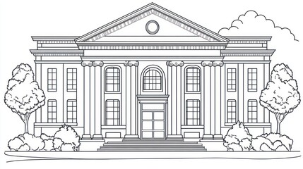 Classic Building Illustration, Simple Architecture, Front View, Educational Setting, Stock Photo