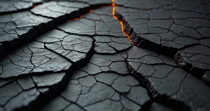 A high-resolution texture of cracked earth featuring dark shades and luminous fissures, forming a fiery and dramatic backdrop.