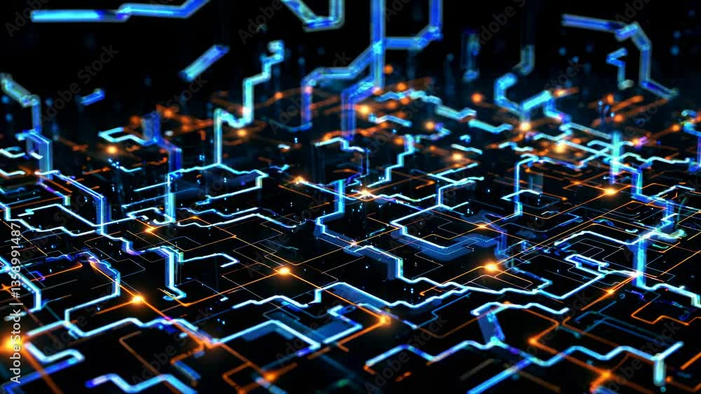 Poster futuristic circuit board design with glowing lines and nodes. top-down angle, resembling a digital n