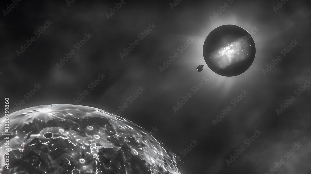 Poster two planets and a spacecraft float in deep space together