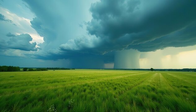 Wide expanse of Polish meadows and fields under a dramatic sky, foreboding storm clouds rolling in,  agriculture,  outdoor