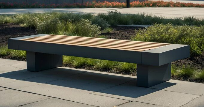 A contemporary bench alongside a flower bed on a bright day. Urban planning, public spaces.