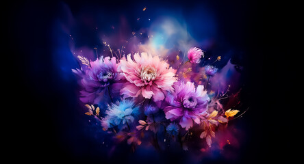A vibrant bouquet of flowers bursts with color against a dark backdrop, creating a dramatic and elegant floral display.  The blossoms showcase shades of pink, purple, and blue.