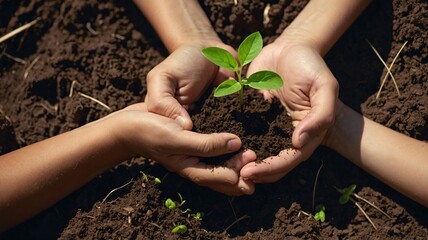 Two hands nurturing a young plant in rich soil, symbolizing growth and environmental care.