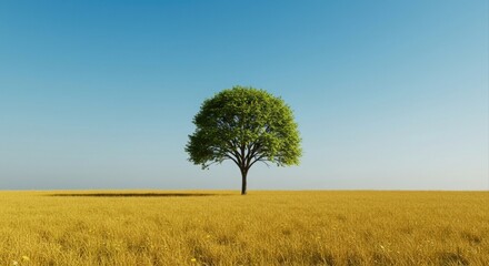 Obraz premium Solitary tree in golden field under a clear sky.