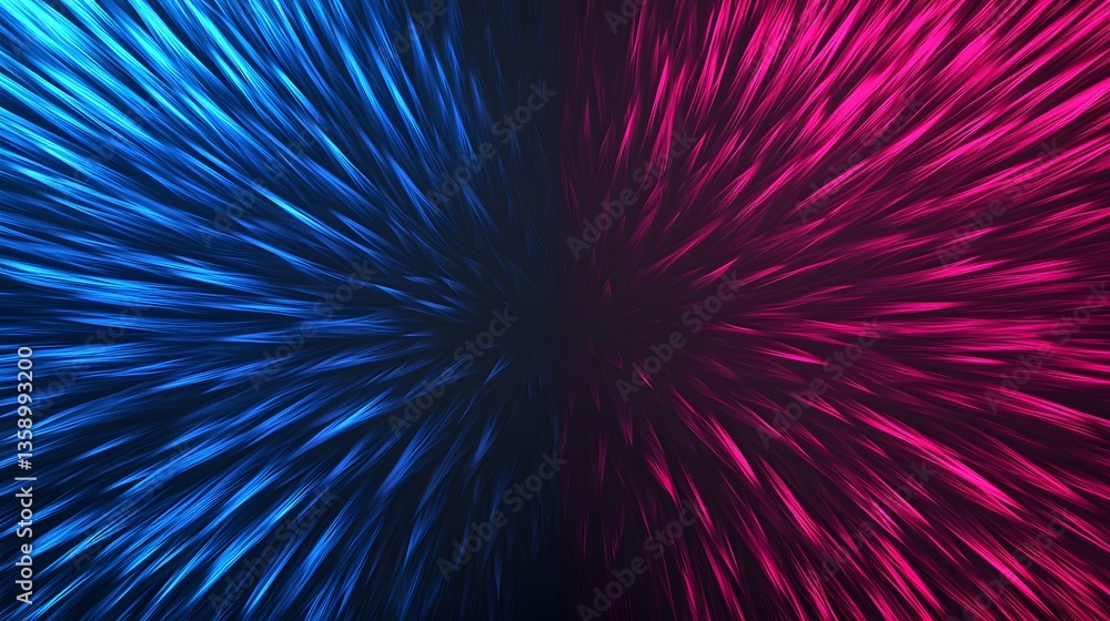 Poster the image contains an abstract design of vibrant blue and pink streaks of light radiating outwards f