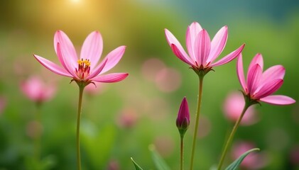 Fototapeta premium Wild Cleome rutidosperma flowers swaying in the breeze, showcasing their delicate pink petals and long, slender stems, flora, pink