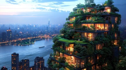 Fototapeta premium Eco-friendly skyscraper with lush greenery at twilight.