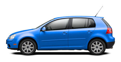 Modern European car with a side view, hatchback body, all blue. In png format on a transparent background.