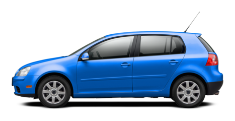 Modern European car with a side view, hatchback body, all blue. In png format on a transparent background.