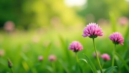 Fototapeta premium Wild clover flowers in a meadow with a beautiful blurry effect, perfect for a nature background, plants, colorful