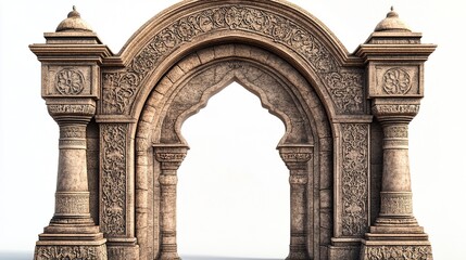 Fototapeta premium A photorealistic illustration of an Arabic arch gate with rich textures, carved stone details, and a gracefully curved silhouette, on white 
